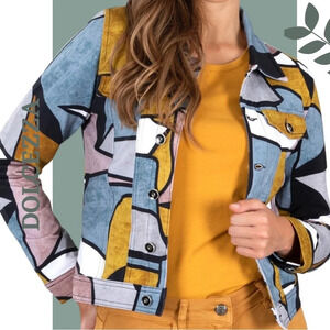 Dolcezza Lost in Time  Wearable Art Button Front Jacket Denim Look Size Small
